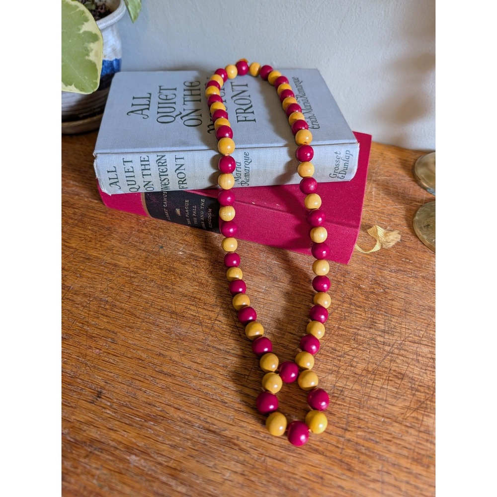 Vintage Red Mustard Yellow Wooden Bead Necklace Retro Boho Circle Drop 25 Inch